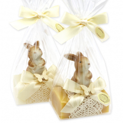 Schafmilchseife eckig 100g dekoriert mit Hase in Cello, Classic/Zirbe 