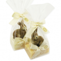 Schafmilchseife eckig 100g dekoriert mit Hase in Cello, Classic/Sheabutter 