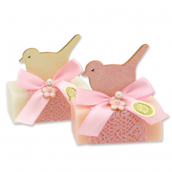 Schafmilchseife eckig 100g dekoriert mit Vogel, Classic/Pfingstrose 