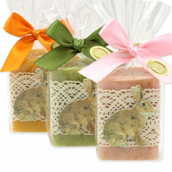 Schafmilchseife eckig 100g dekoriert mit Hase in Cello, sortiert 