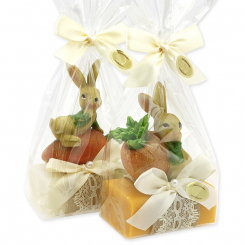 Schafmilchseife eckig 100g dekoriert mit Hase in Cello, Classic/Ringelblume 