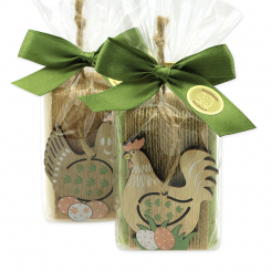 Schafmilchseife eckig 100g dekoriert mit Henne/Hahn in Cello, Classic/Eisenkraut 