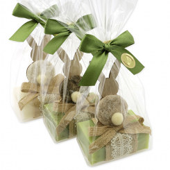 Schafmilchseife eckig 100g dekoriert mit Hase in Cello, sortiert 