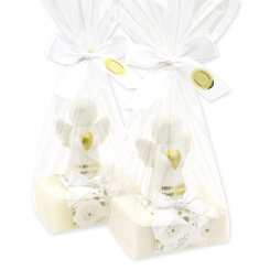 Schafmilchseife eckig 100g dekoriert mit Schutzengel mit Herz in Cello, Classic/Schneerose 