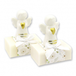 Schafmilchseife eckig 100g dekoriert mit Schutzengel mit Herz, Classic/Schneerose 