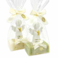 Schafmilchseife eckig 100g dekoriert mit Schutzengel mit Herz in Cello, Classic/Eisenkraut 