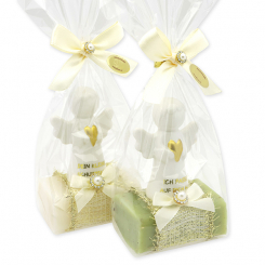 Schafmilchseife eckig 100g dekoriert mit Schutzengel mit Herz in Cello, Classic/Eisenkraut 