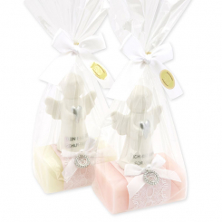 Schafmilchseife eckig 100g dekoriert mit Schutzengel mit Herz in Cello, Classic/Jasmin 
