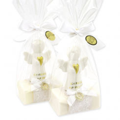 Schafmilchseife eckig 100g dekoriert mit Schutzengel mit Herz in Cello, Classic/Schneerose 