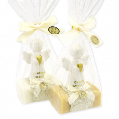 Schafmilchseife eckig 100g dekoriert mit Schutzengel mit Herz in Cello, Classic/Zirbe 