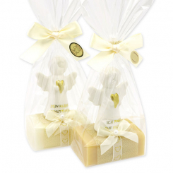 Schafmilchseife eckig 100g dekoriert mit Schutzengel mit Herz in Cello, Classic/Zirbe 