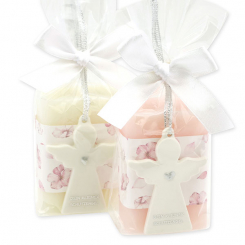 Sheep milk soap square 100g decorated with guardian angel with heart in a cellophane bag, Classic/Jasmine 