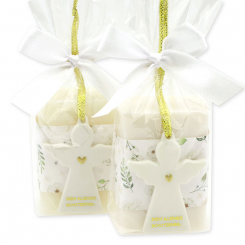 Schafmilchseife eckig 100g dekoriert mit Schutzengel mit Herz in Cello, Classic/Schneerose 