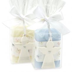Sheep milk soap square 100g decorated with guardian angel with heart in a cellophane bag, Classic/Forget-me-not 