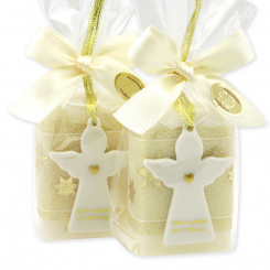 Schafmilchseife eckig 100g dekoriert mit Schutzengel mit Herz in Cello, Classic/Schneerose 