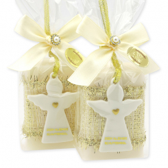 Schafmilchseife eckig 100g dekoriert mit Schutzengel mit Herz in Cello, Classic/Schneerose 