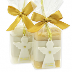 Schafmilchseife eckig 100g dekoriert mit Schutzengel mit Herz in Cello, Classic/Zirbe 