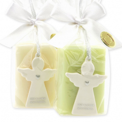 Schafmilchseife eckig 100g dekoriert mit Schutzengel mit Herz in Cello, Classic/Wiesenblume 