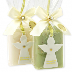 Schafmilchseife eckig 100g dekoriert mit Schutzengel mit Herz in Cello, Classic/Eisenkraut 