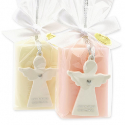 Schafmilchseife eckig 100g dekoriert mit Schutzengel mit Herz in Cello, Classic/Jasmin 