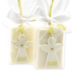 Schafmilchseife eckig 100g dekoriert mit Schutzengel mit Herz in Cello, Classic/Schneerose 