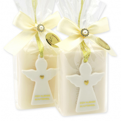 Schafmilchseife eckig 100g dekoriert mit Schutzengel mit Herz in Cello, Classic/Schneerose 