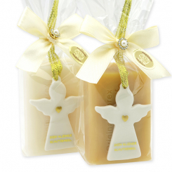 Schafmilchseife eckig 100g dekoriert mit Schutzengel mit Herz in Cello, Classic/Zirbe 