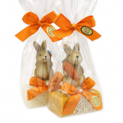 Schafmilchseife eckig 100g dekoriert mit Hase in Cello, Classic/Ringelblume 