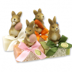 Schafmilchseife eckig 100g dekoriert mit Hase, sortiert 