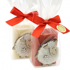 Schafmilchseife eckig 100g dekoriert mit Schaf in Cello, Classic/Rose mit Blüten 