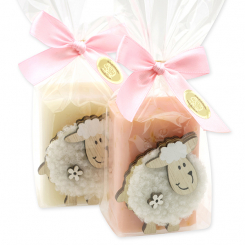 Schafmilchseife eckig 100g dekoriert mit Schaf in Cello, Classic/Wildrose mit Blüten 