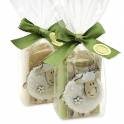 Schafmilchseife eckig 100g dekoriert mit Schaf in Cello, Classic/Eisenkraut 