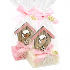 Schafmilchseife eckig 100g dekoriert mit Haus in Cello, Classic/Rose Diana 