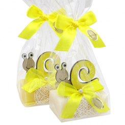 Schafmilchseife eckig 100g dekoriert mit Schnecke in Cello, Classic/Kamille 