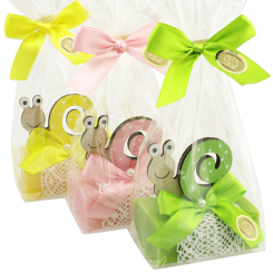 Schafmilchseife eckig 100g dekoriert mit Schnecke in Cello, sortiert 