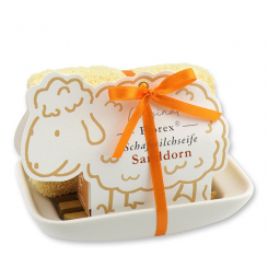 Seifenschale Porzellan, dekoriert mit Schafmilchseife 100g, in der Schäfchen-Schachtel, Sanddorn 