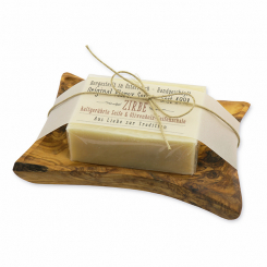 Handcrafted soap 100g on a soap dish made out of olivewood "Love for tradition", Swiss pine 