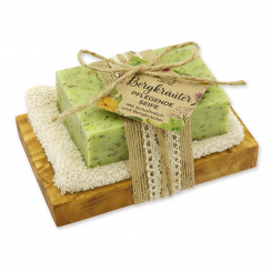 Sheep milk soap 150g on a olive wood soap dish "feel-good time", Mountain herbs 