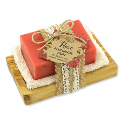 Sheep milk soap 150g on a olive wood soap dish "feel-good time", Rose with petals 