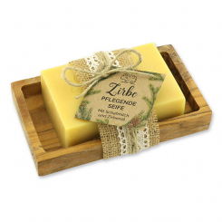 Sheep milk soap 150g on a olive wood soap dish "feel-good time", Swiss pine 