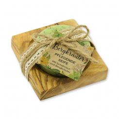 Sheep milk round 100g on a olive wood soap dish "feel-good time", Mountain herbs 