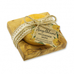 Sheep milk round 100g on a olive wood soap dish "feel-good time", Marigold 