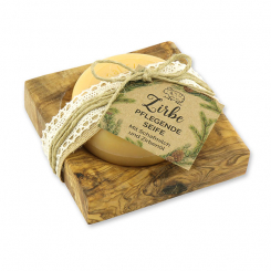 Sheep milk soap round 100g on a olive wood soap dish "feel-good time", Swiss pine 