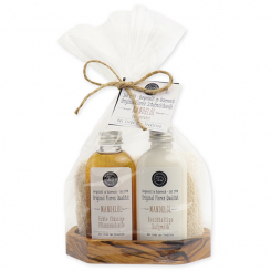 Real liquid vegetable oil soap & body milk 75ml on olive wood soap dish with washcloth, Almond 