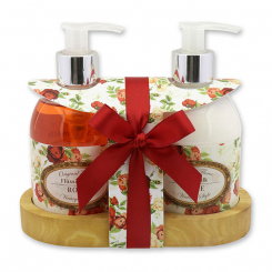 Body milk 250ml and liquid soap 250ml on a wooden shelf "Vintage motif 140", Rose 