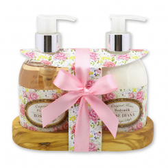 Body milk 250ml and liquid soap 250ml on a wooden shelf "Vintage motif 192", Rose Diana 