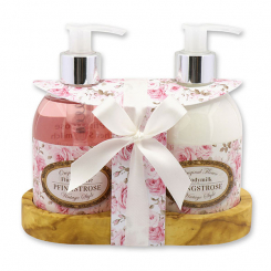 Body milk 250ml and liquid soap 250ml on a wooden shelf "Vintage motif 195", Peony 