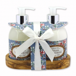 Body milk 250ml and liquid soap 250ml on a wooden shelf "Vintage motif 211", Christmas rose white 