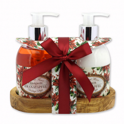 Body milk 250ml and liquid soap 250ml on a wooden shelf "Vintage motif 213", Pomegranate 