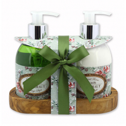 Body milk 250ml and liquid soap 250ml on a wooden shelf "Vintage motif 217", Verbena 